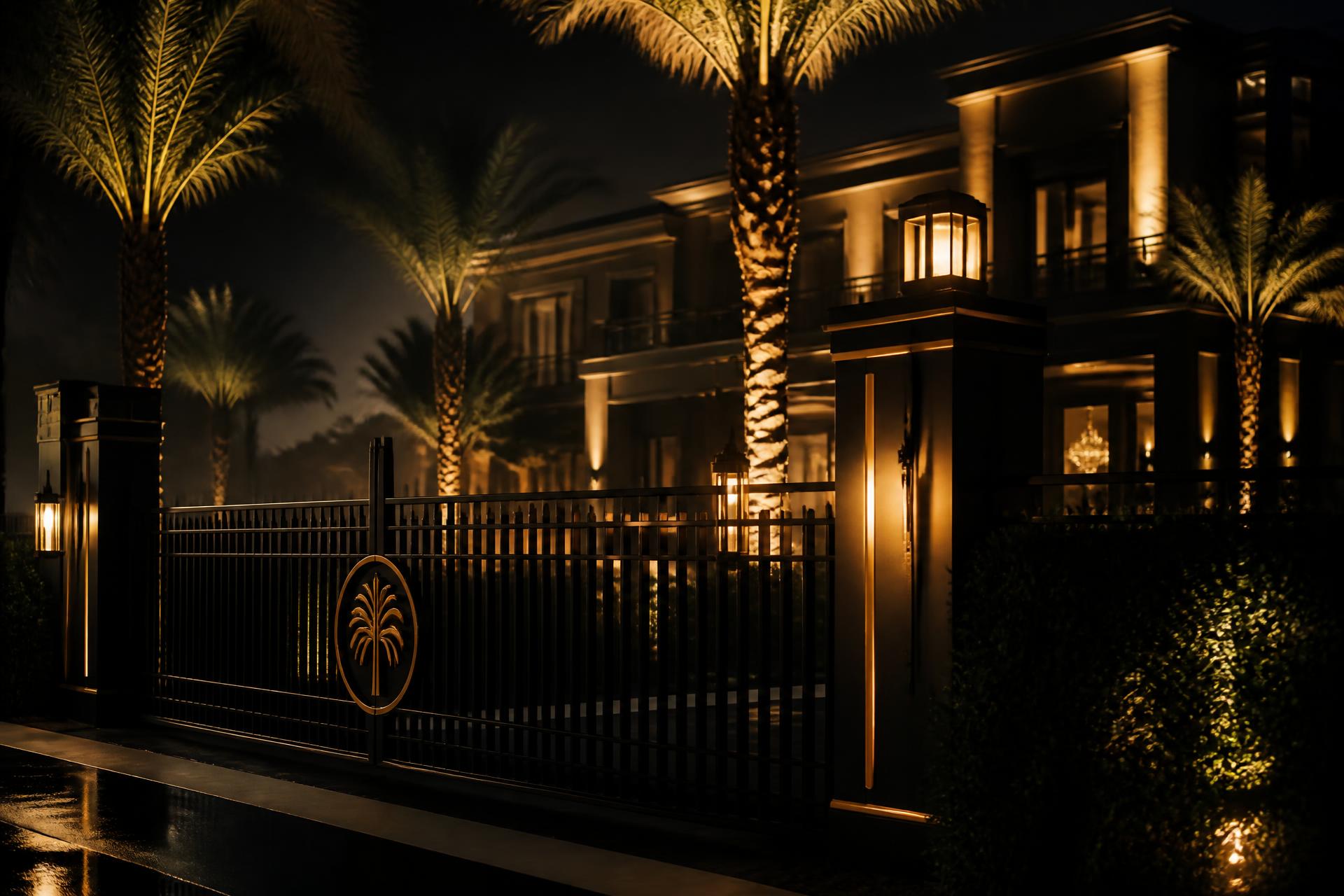 Luxury Florida home with a black aluminum fence at dusk
